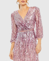 Purple Sequined Wrap Over 3/4 Sleeve Gown